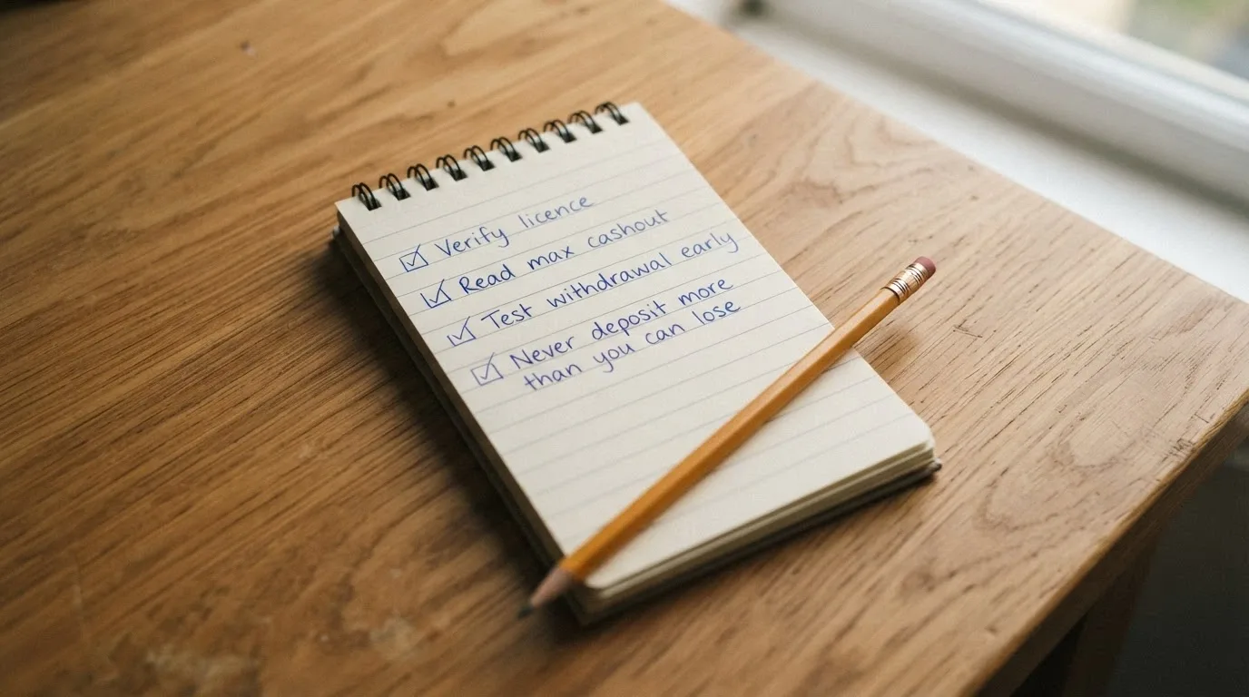 A short visual checklist on a notepad: verify licence, read max cashout, test withdrawal early, never deposit more than you can lose