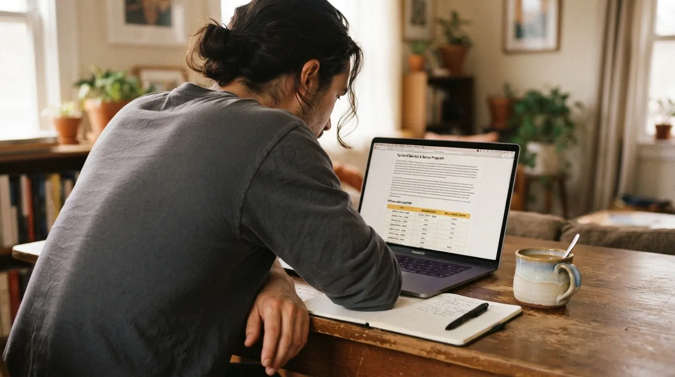 A player reading bonus terms and conditions on a laptop with a notebook and a cup of coffee, not rushing to click claim