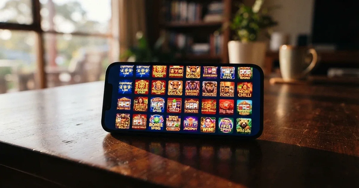 Pocket Pokies Casino game lobby displayed on a smartphone screen, showing rows of pokies thumbnails