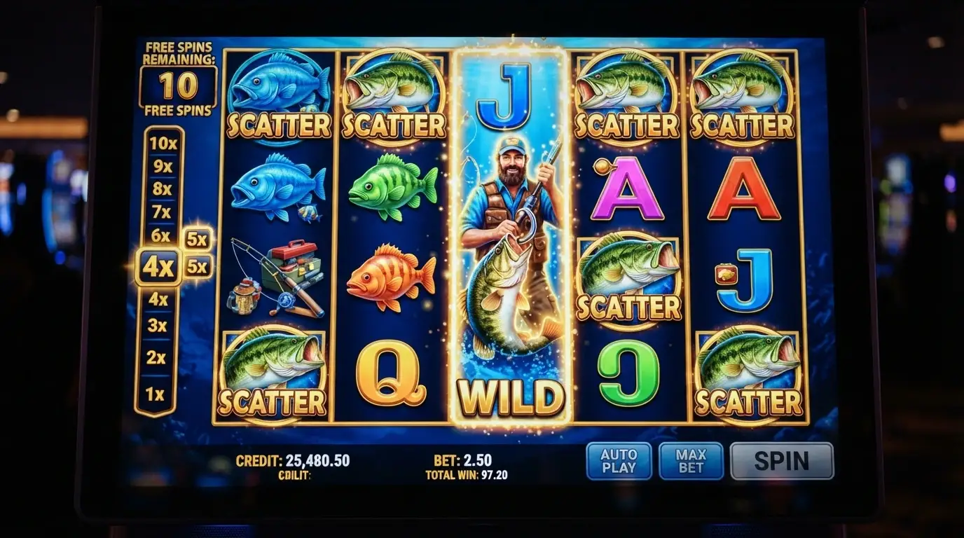 A 5-reel pokie screen mid-bonus-round with scatter symbols highlighted and a free-spin counter showing 10 remaining