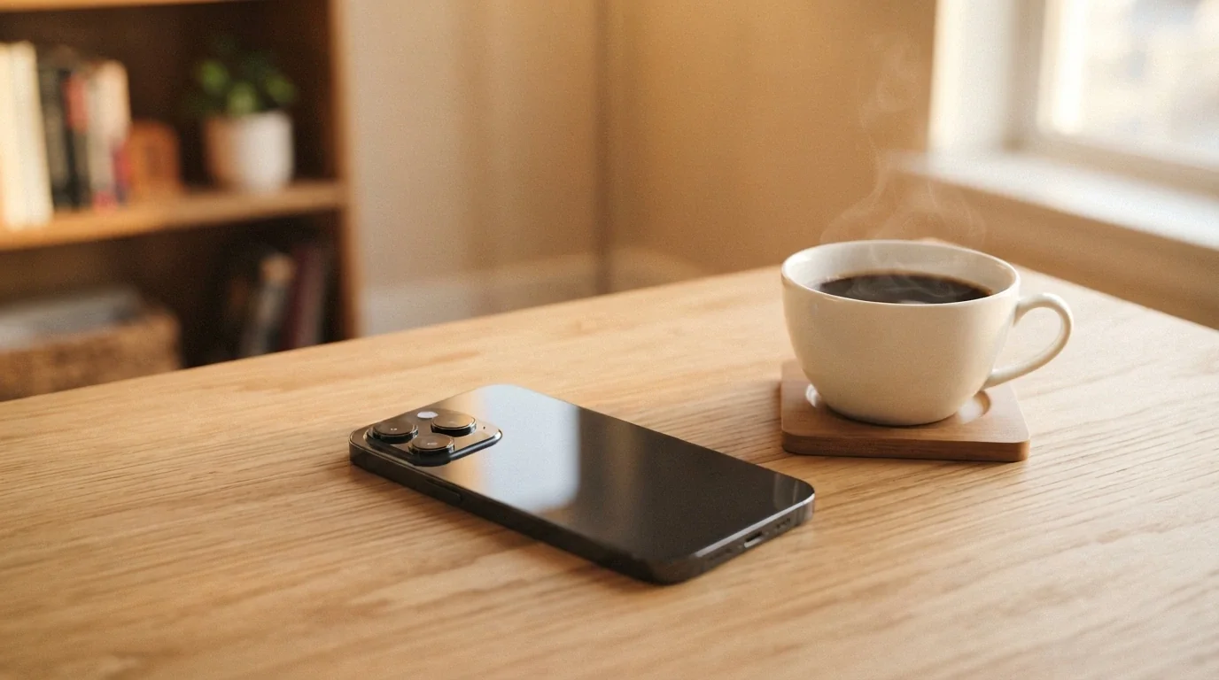 A smartphone lying face-down on a table beside a cup of coffee, the screen off — an image of deliberate pause rather than play