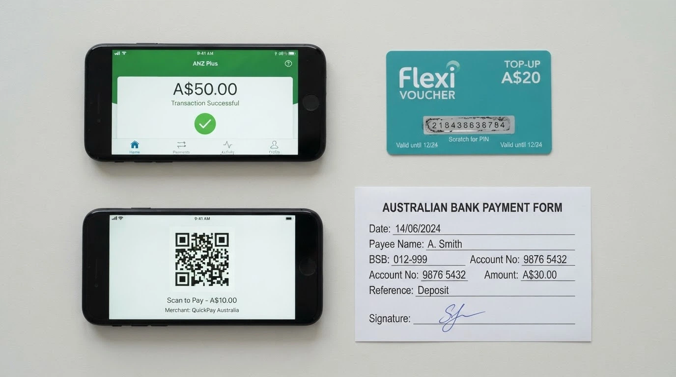 A split-screen showing a PayID banking app, a Neosurf voucher, a cryptocurrency wallet QR code and a bank transfer form