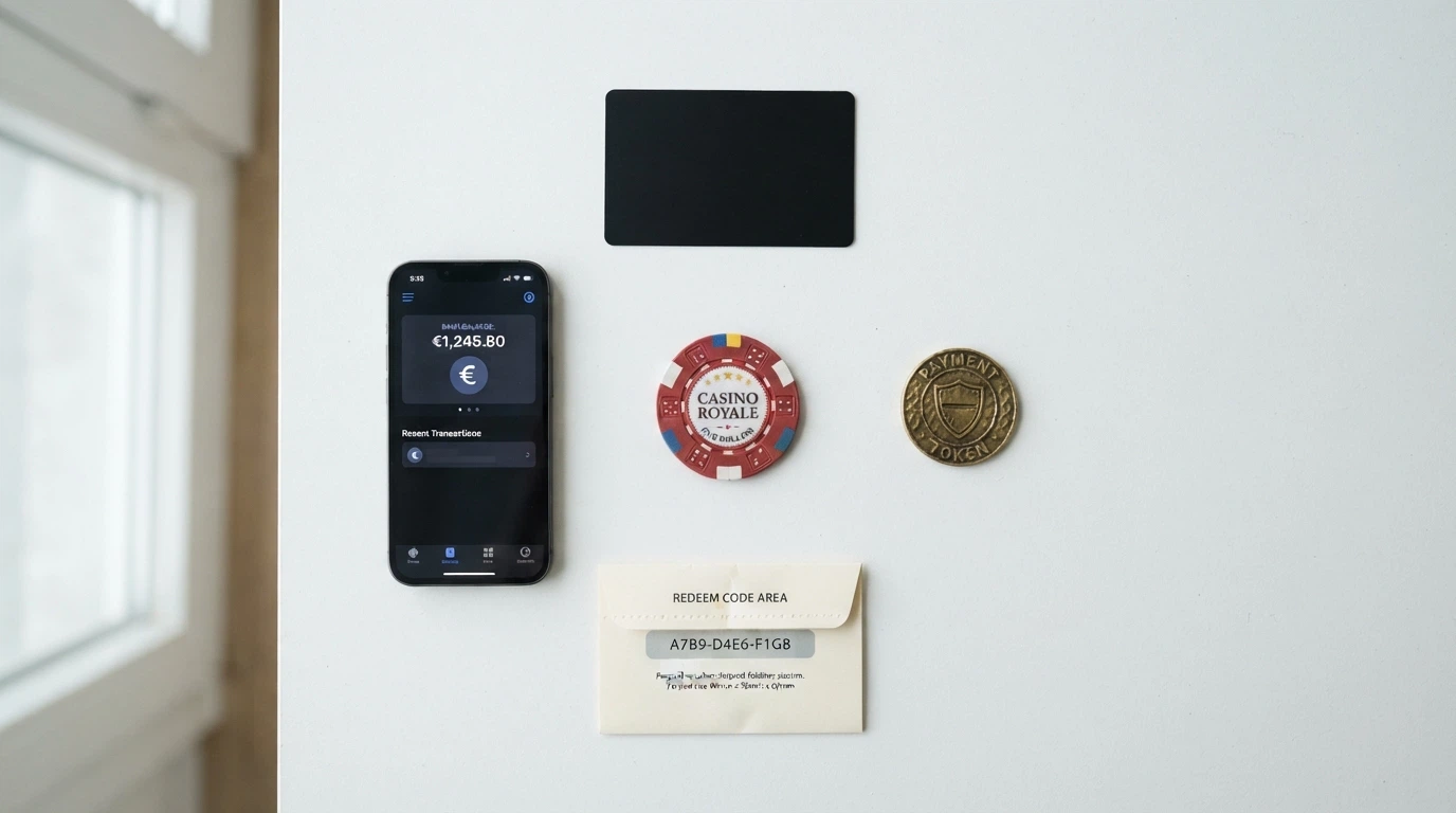 A flat-lay arrangement of four payment tokens — a Visa card, a Bitcoin coin, a Neosurf voucher, and a smartphone displaying a bank app — arranged around a central “$20” chip.