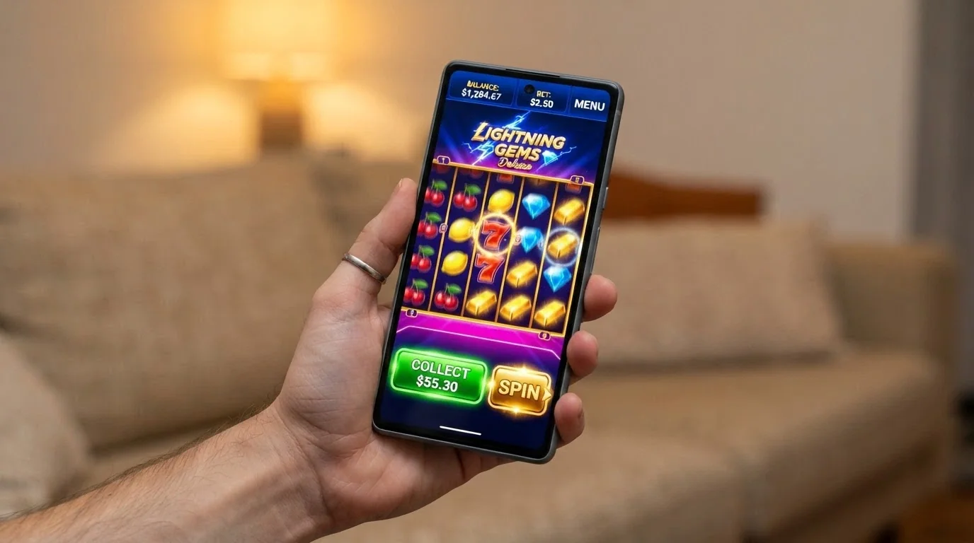 A colourful online pokie screen with a cashout button highlighted and an arrow pointing from the spinning reels to a PayID logo