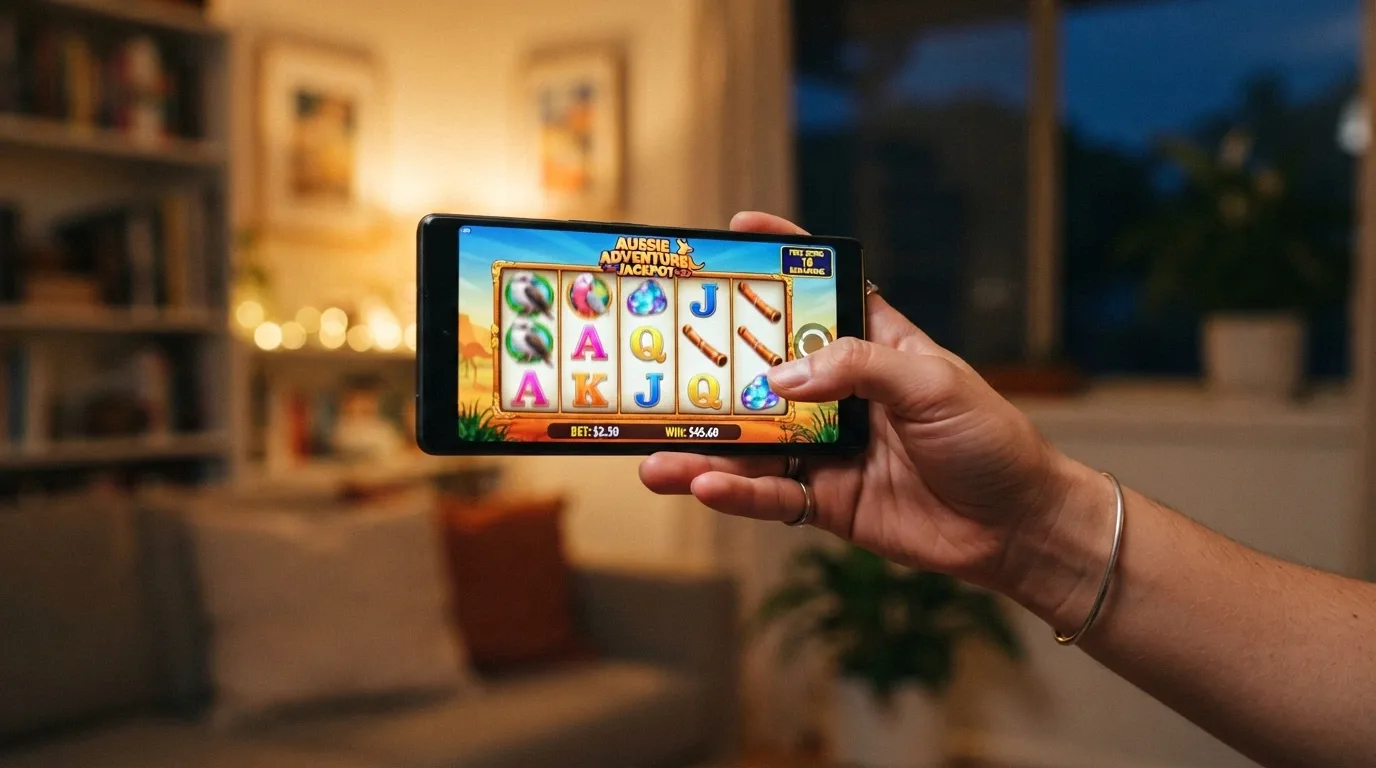 A row of colourful online pokies reels mid-spin, with a free-spins counter overlay on screen