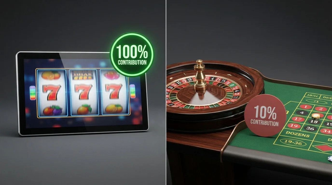A split visual: one side showing a pokie screen marked “100% contribution”, the other a roulette table marked “10%” with a red cross through a live-dealer studio