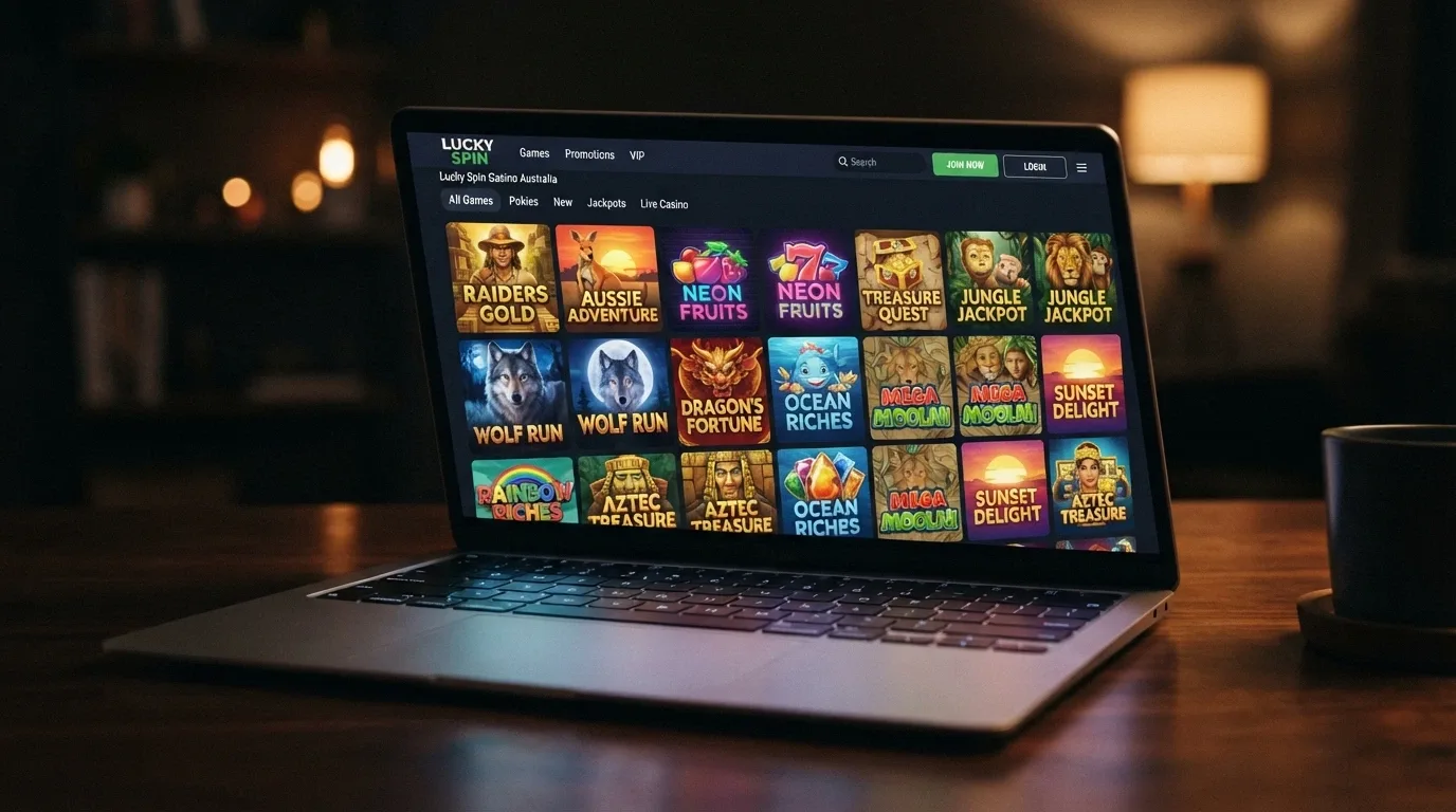 A grid of colourful online-pokies title-card thumbnails arranged as they appear in an online casino game lobby, with search and filter options visible