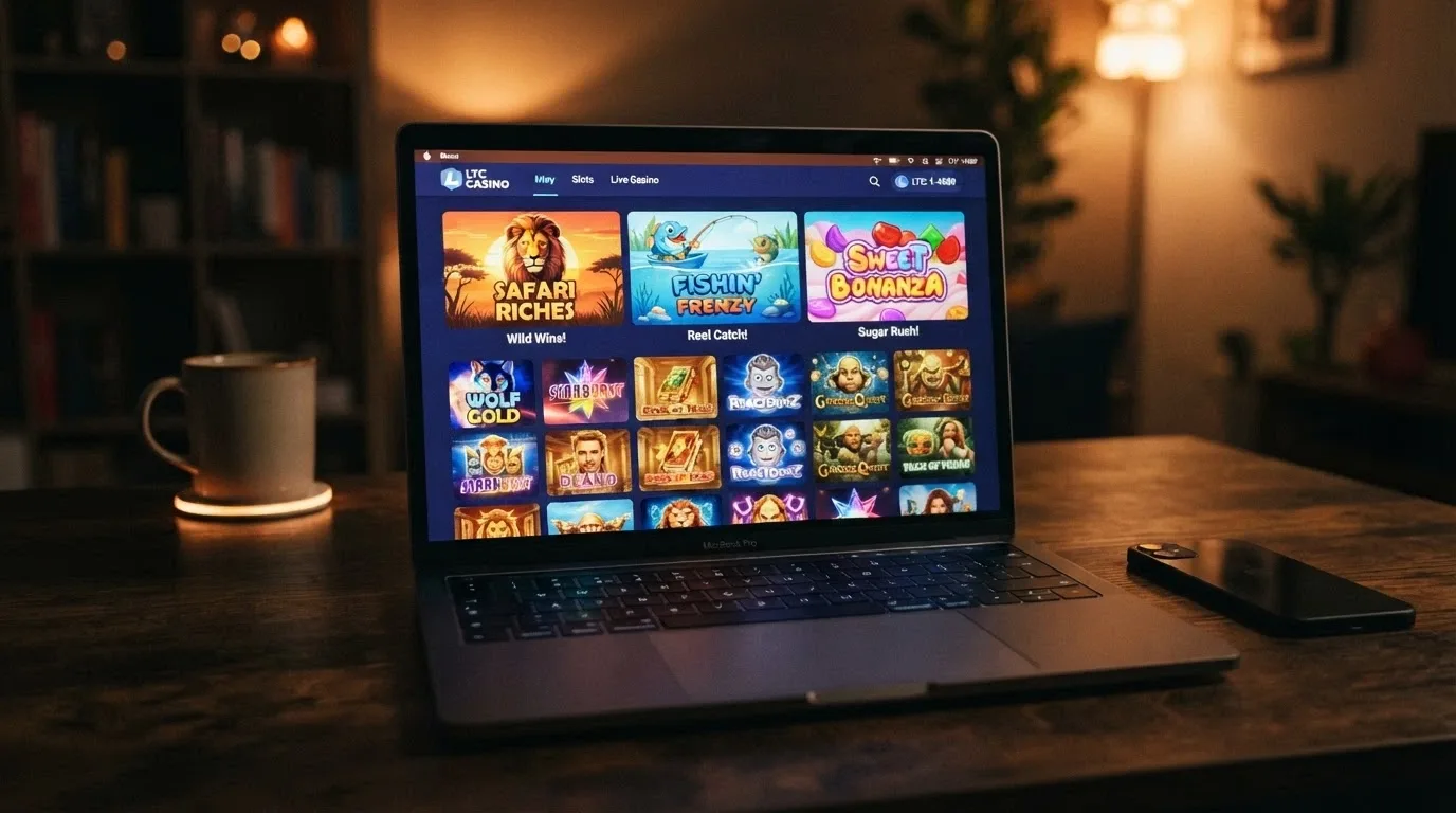 A grid of pokies thumbnails — Buffalo King, Big Bass Bonanza and Sweet Bonanza visible — with an LTC balance displayed in the top bar.