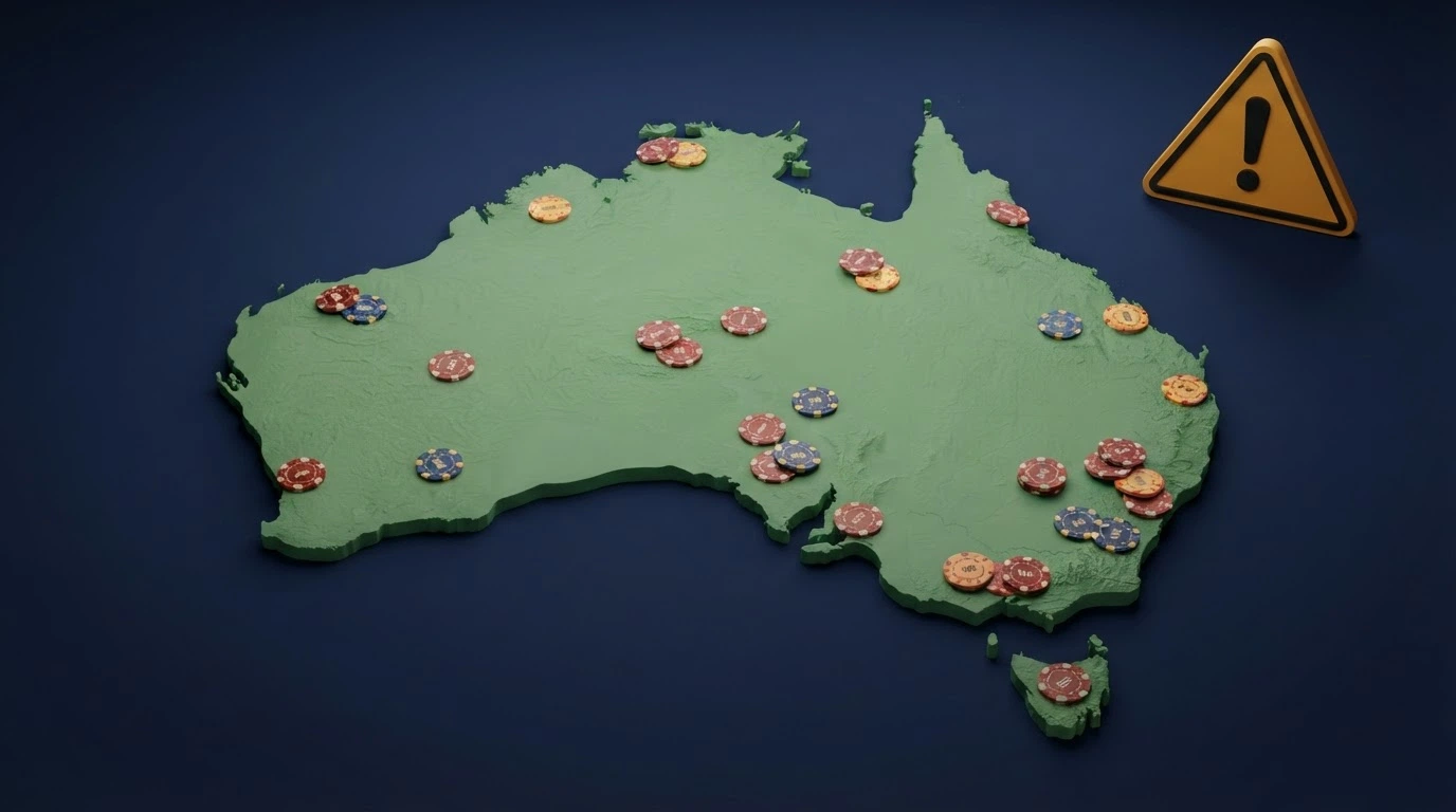 Map of Australia overlaid with casino chip icons and a warning symbol