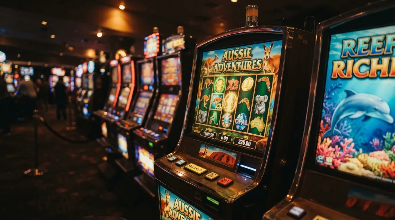 A row of colourful online pokie reels with Australian-themed symbols including kangaroos and gold coins
