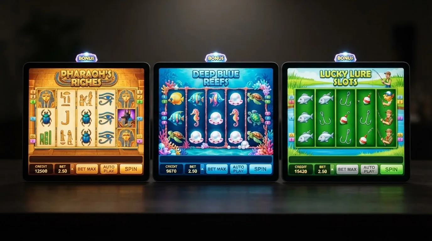 A side-by-side grid of pokie screens showing different bonus banners, arranged as a visual comparison
