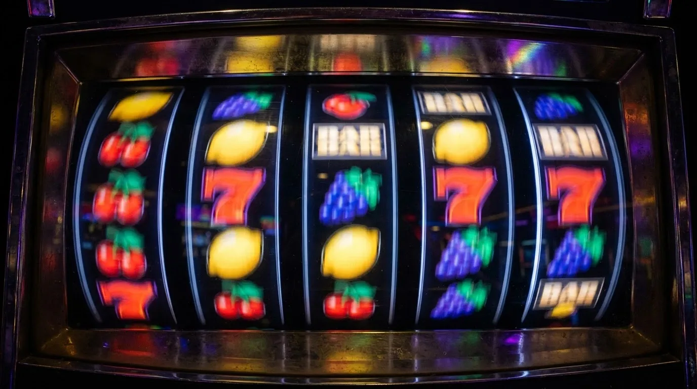 A tight shot of five slot-reel columns mid-spin, symbols blurred with motion, gold and purple light reflecting off the glass