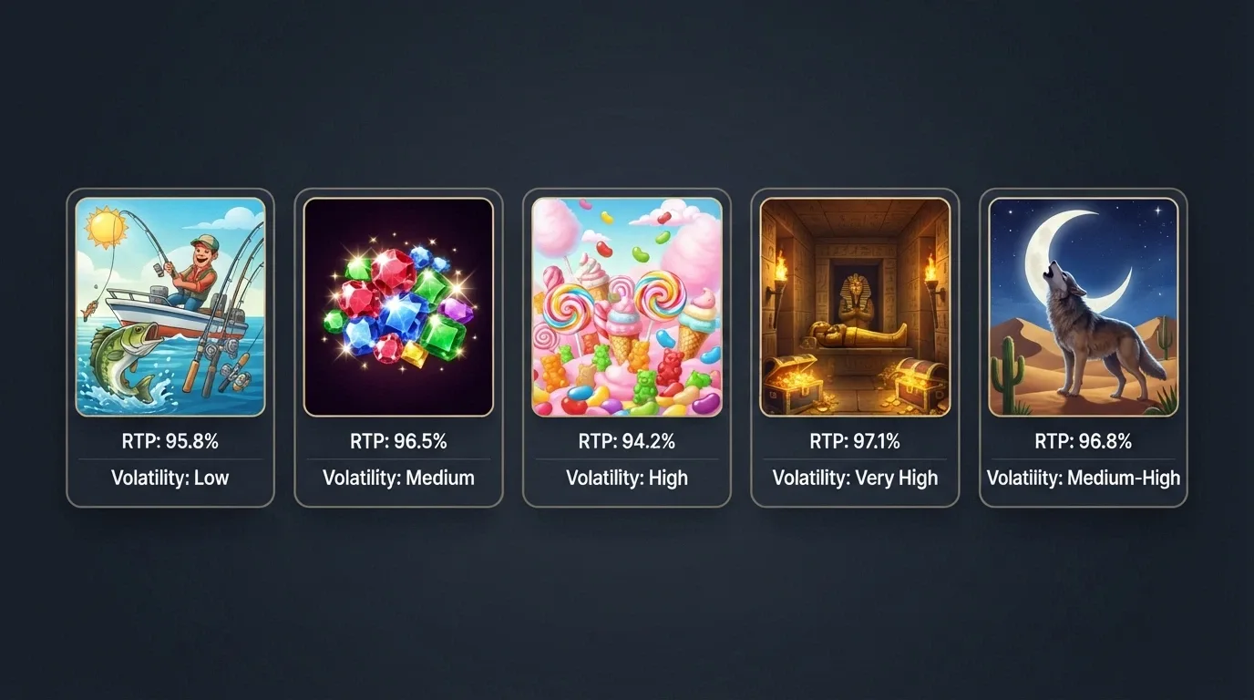 A grid of five pokie title cards with RTP percentages and volatility labels displayed beneath each one