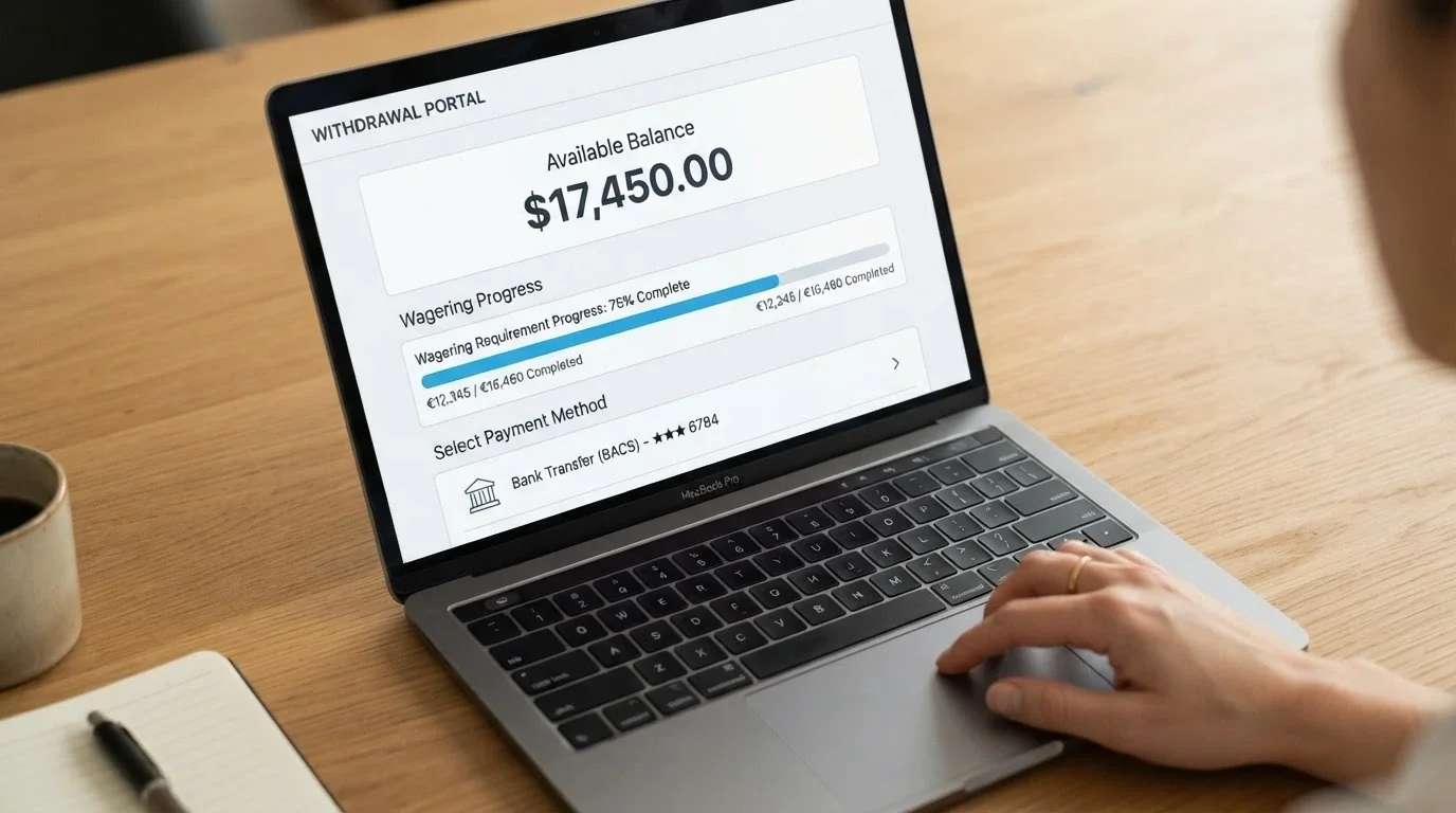 A withdrawal screen showing a balance figure beside a wagering-progress bar at 72%, with a PayID logo visible as a payment option