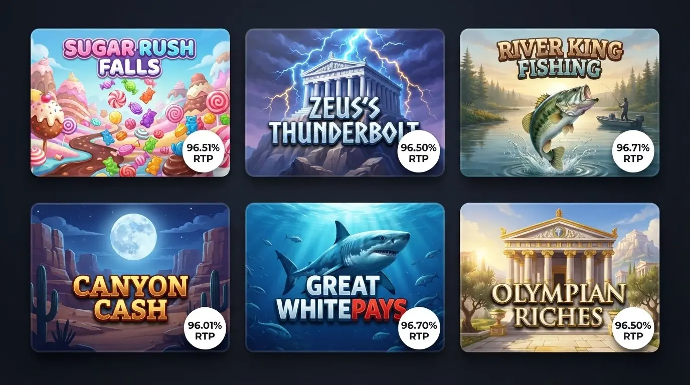 A grid of six featured pokie title cards — Sweet Bonanza, Gates of Olympus, Big Bass Bonanza, Wolf Gold, Razor Shark, Gates of Olympus 1000 — with their RTP percentages overlaid