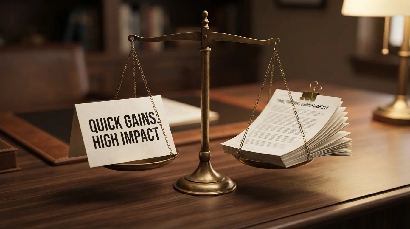A set of balance scales with a promo code offer on one side and a terms-and-conditions document on the other