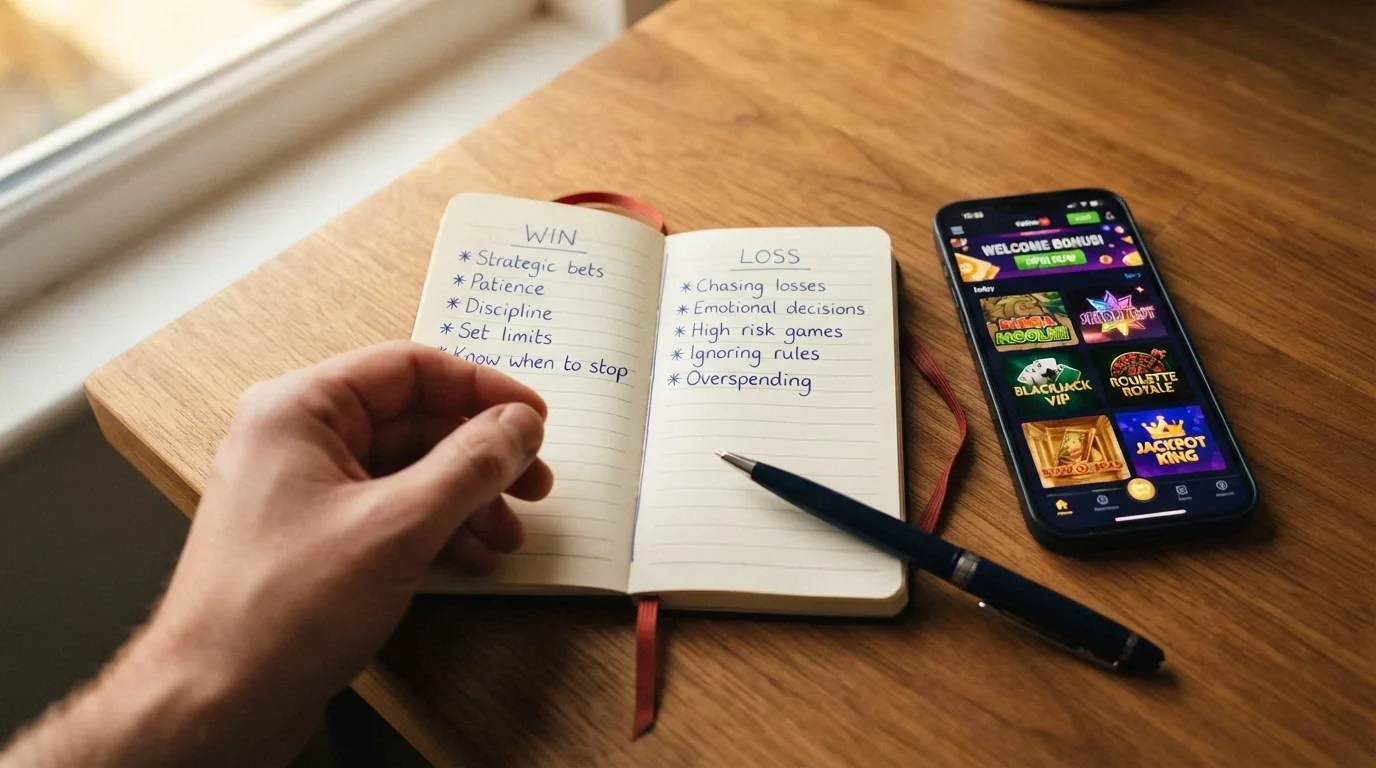 A notebook open to a page with two columns labelled “Worth It” and “Skip” beside a smartphone showing a casino lobby