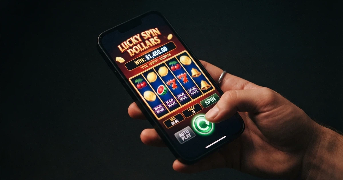 A smartphone held in a hand, screen showing a colourful pokies game interface with a spin button and Australian dollar bet amounts, set against a darkened background
