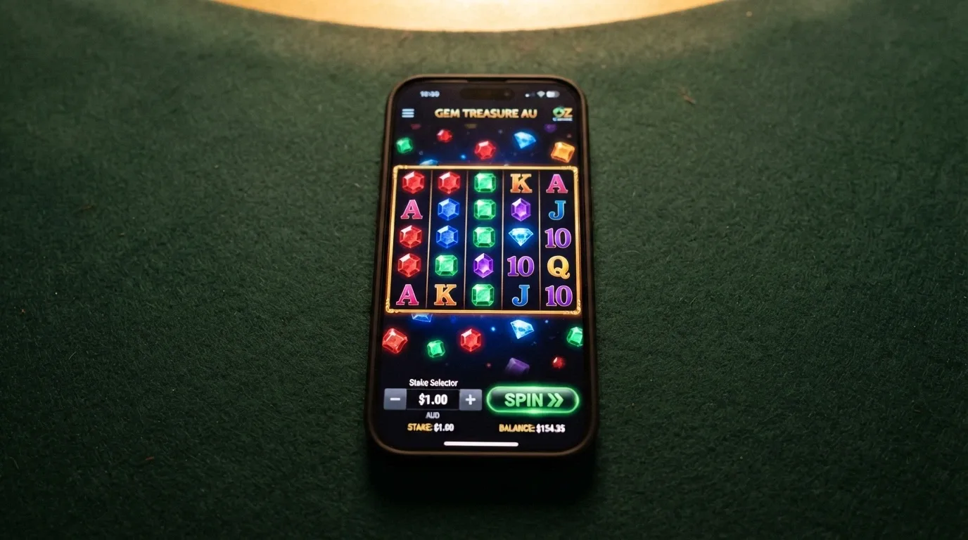 A 7-reel slot screen with a stake selector set to $1.00 and a real-money balance displayed