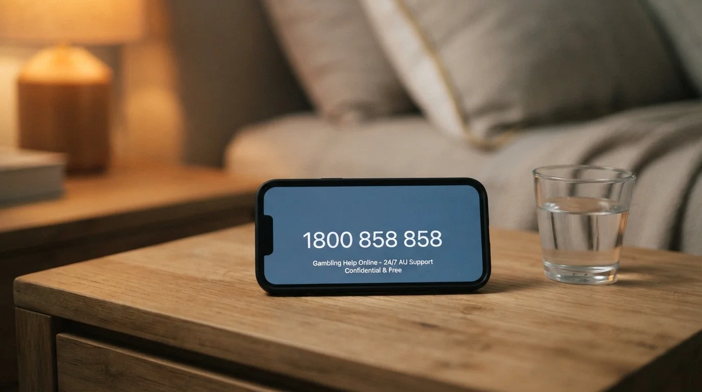 A phone displaying the number 1800 858 858 on screen beside the BetStop logo