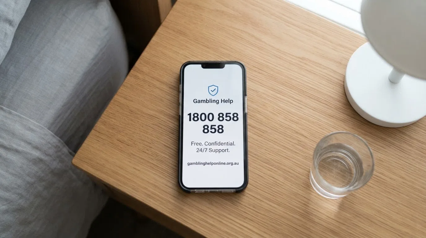 A phone screen showing the National Gambling Helpline number — 1800 858 858 — with the BetStop logo and Gambling Help Online branding in a clean, accessible layout