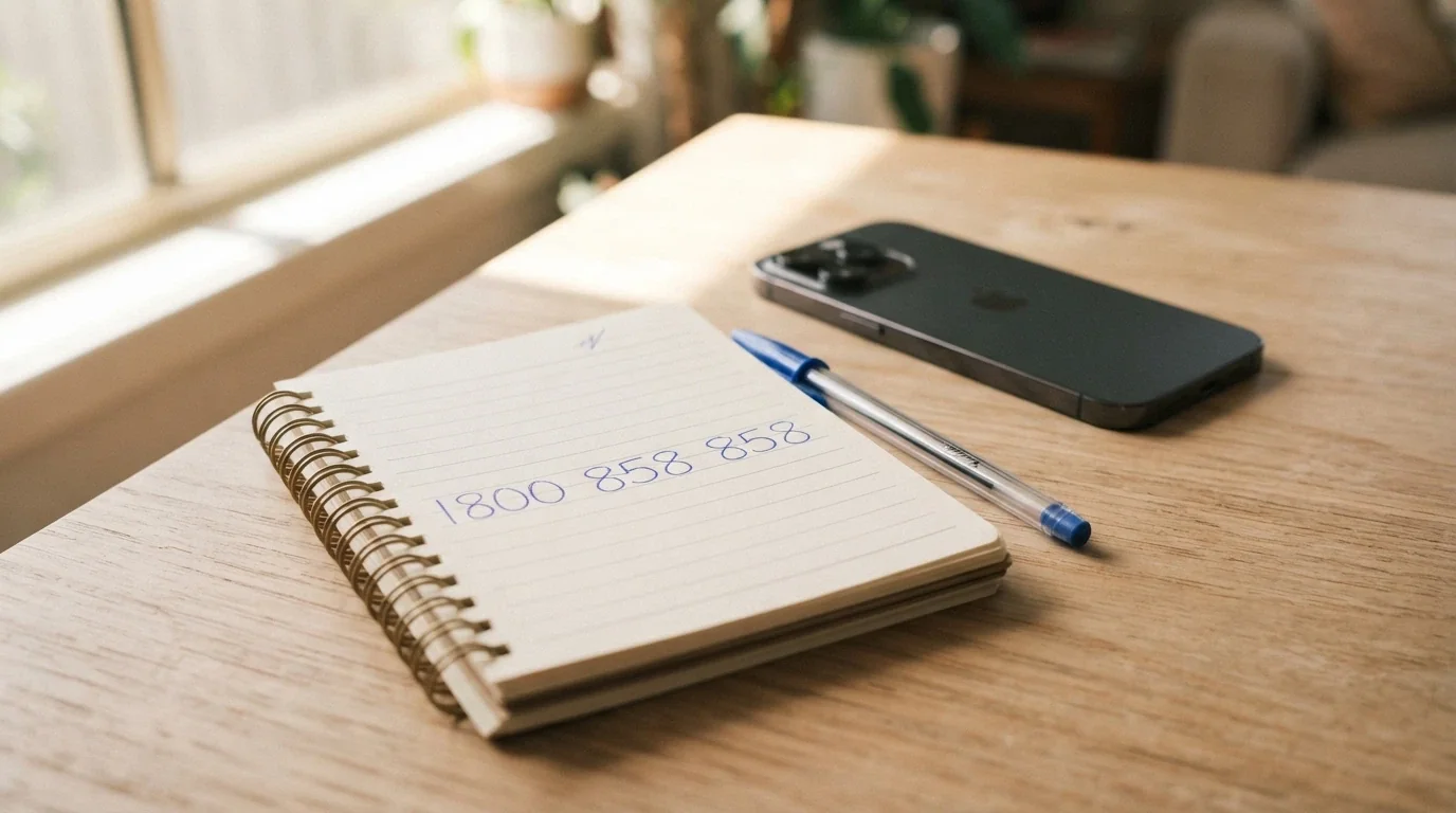 A phone resting on a wooden table next to a notepad with 1800 858 858 written on it, soft natural light