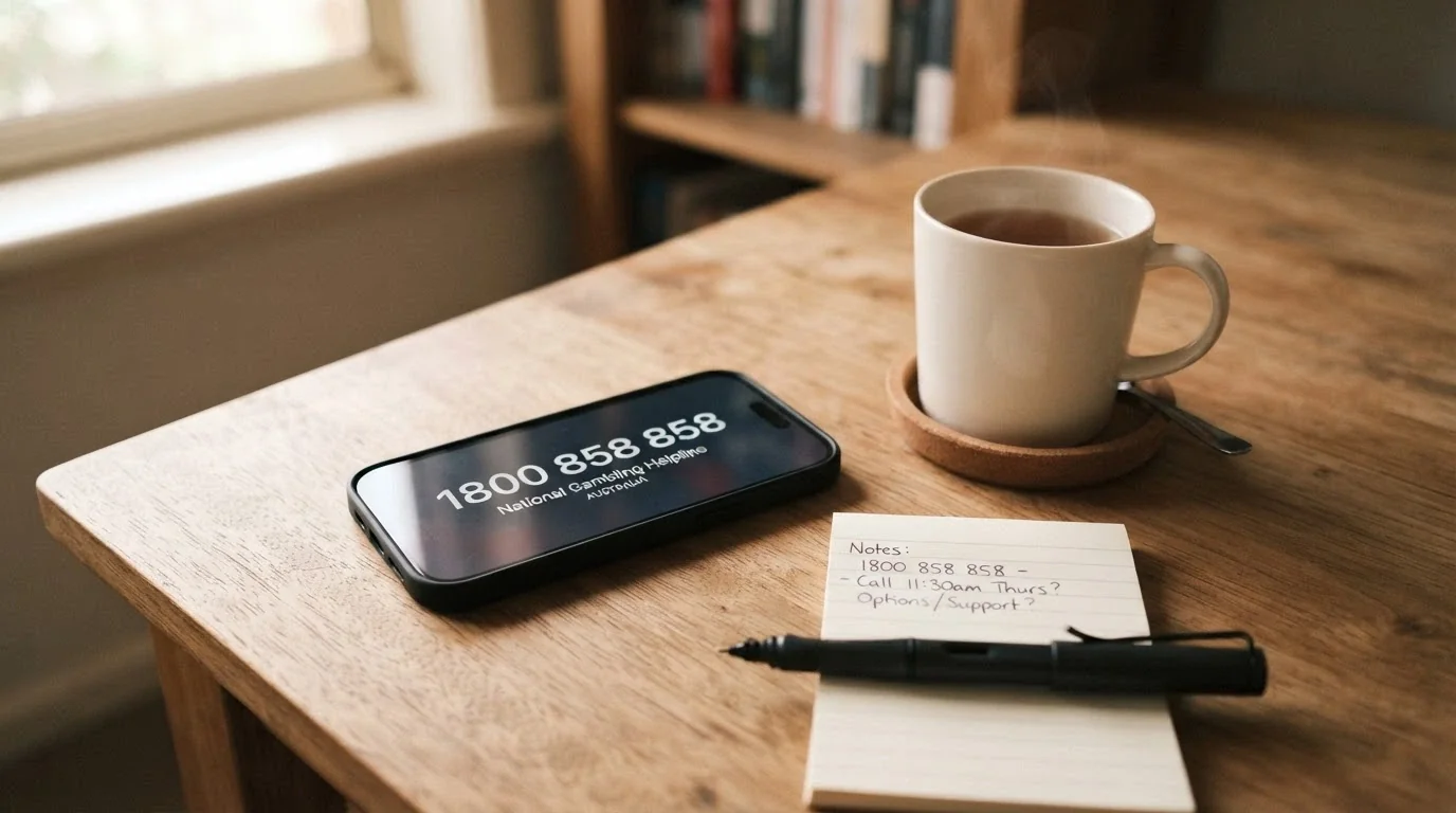 A phone handset with the number 1800 858 858 displayed on its screen, sitting on a desk beside a cup of tea