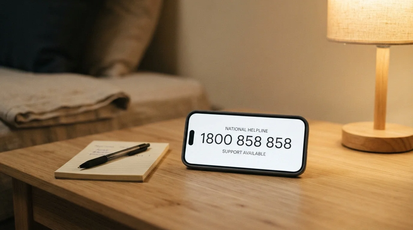 A clean, calm image of a phone with the number 1800 858 858 displayed, beside the Gambling Help Online logo