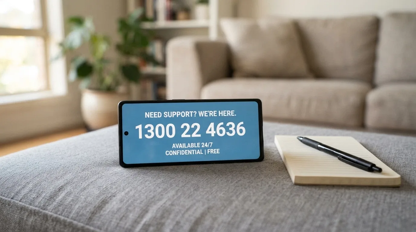 A phone displaying the number 1800 858 858 against a calm, supportive-toned background