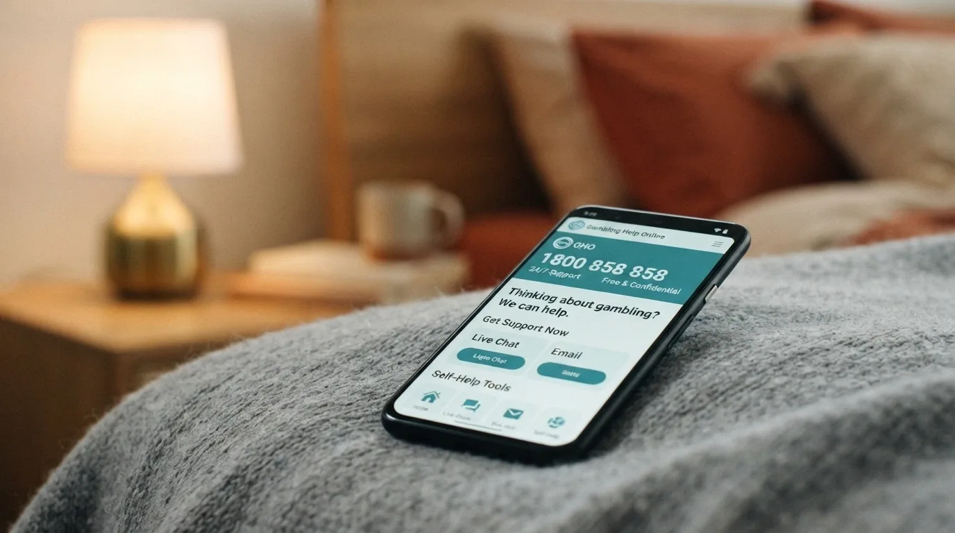 A close-up of a smartphone screen showing the Gambling Help Online homepage with the 1800 858 858 helpline number prominent