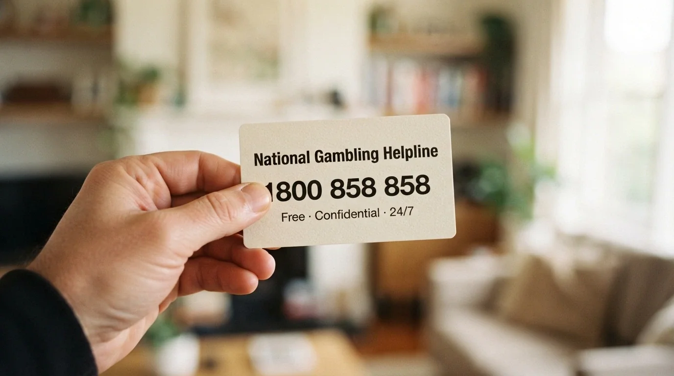 A close-up of a wallet-sized help card with the National Gambling Helpline number 1800 858 858 printed prominently, held between two fingers against a soft-focus background