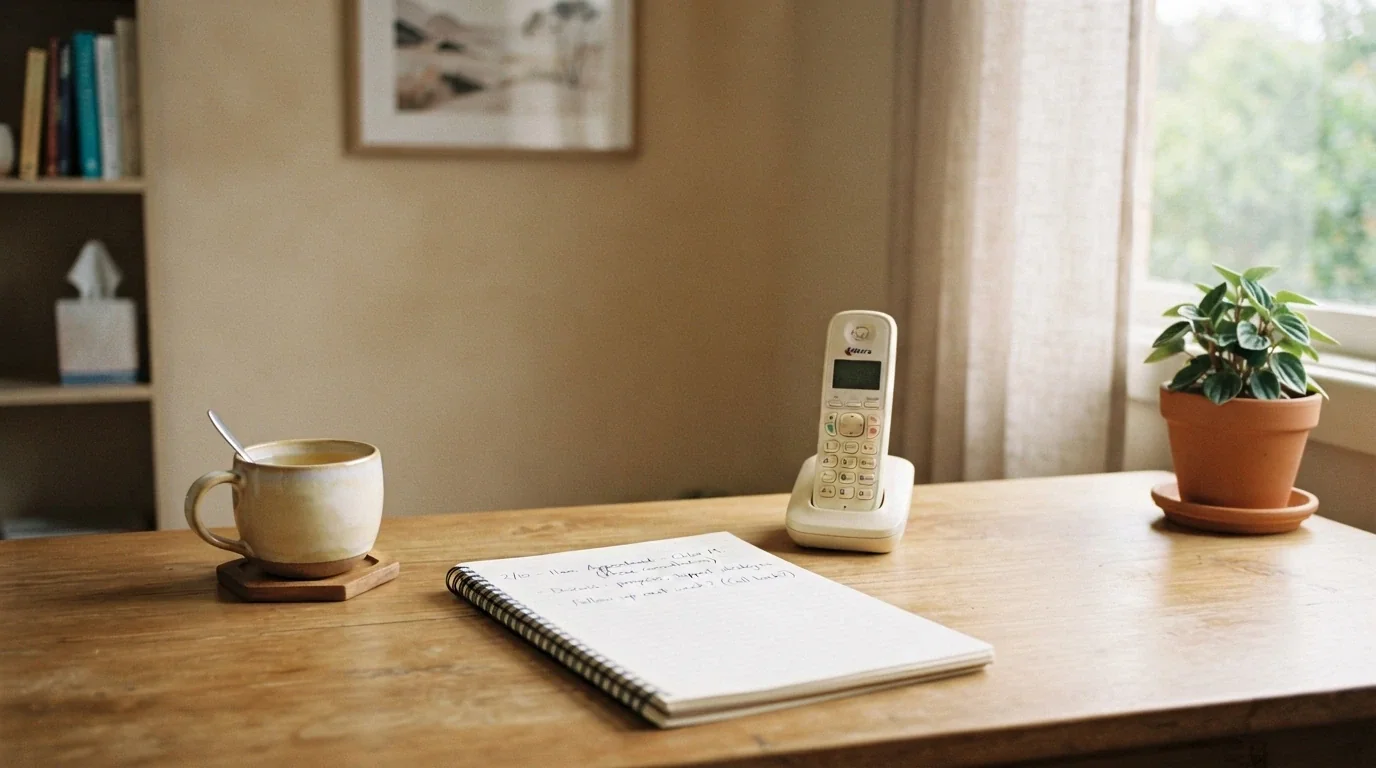 A calm, well-lit counselling environment with a phone on a desk beside a notepad, the colours warm and approachable