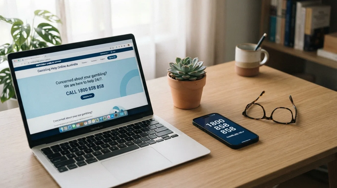 A Gambling Help Online screen on a laptop beside a smartphone showing the number 1800 858 858