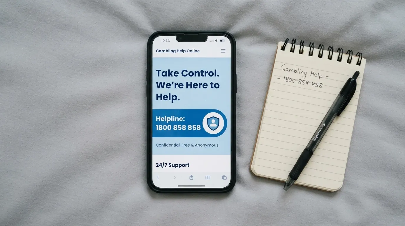 A smartphone screen displaying the Gambling Help Online homepage and the National Gambling Helpline number 1800 858 858, with the BetStop logo visible in a browser tab