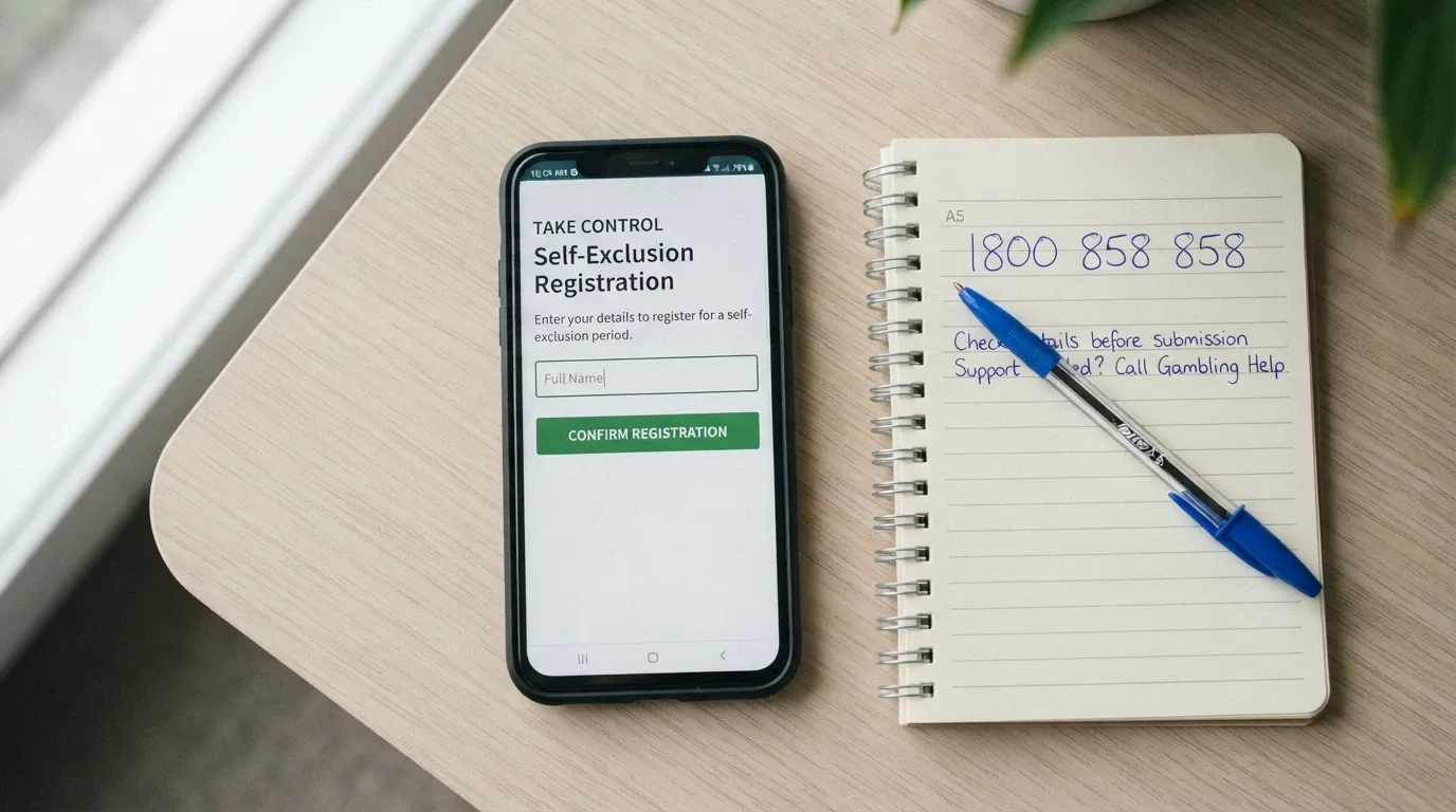 A phone screen showing the BetStop registration page beside a notepad with the National Gambling Helpline number 1800 858 858