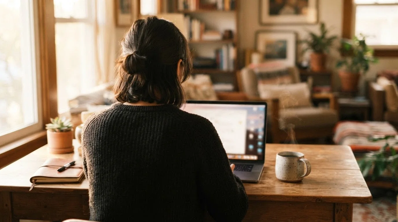 A person sitting at a laptop with a cup of coffee, the screen blurred, the focus on the considered choice rather than the game