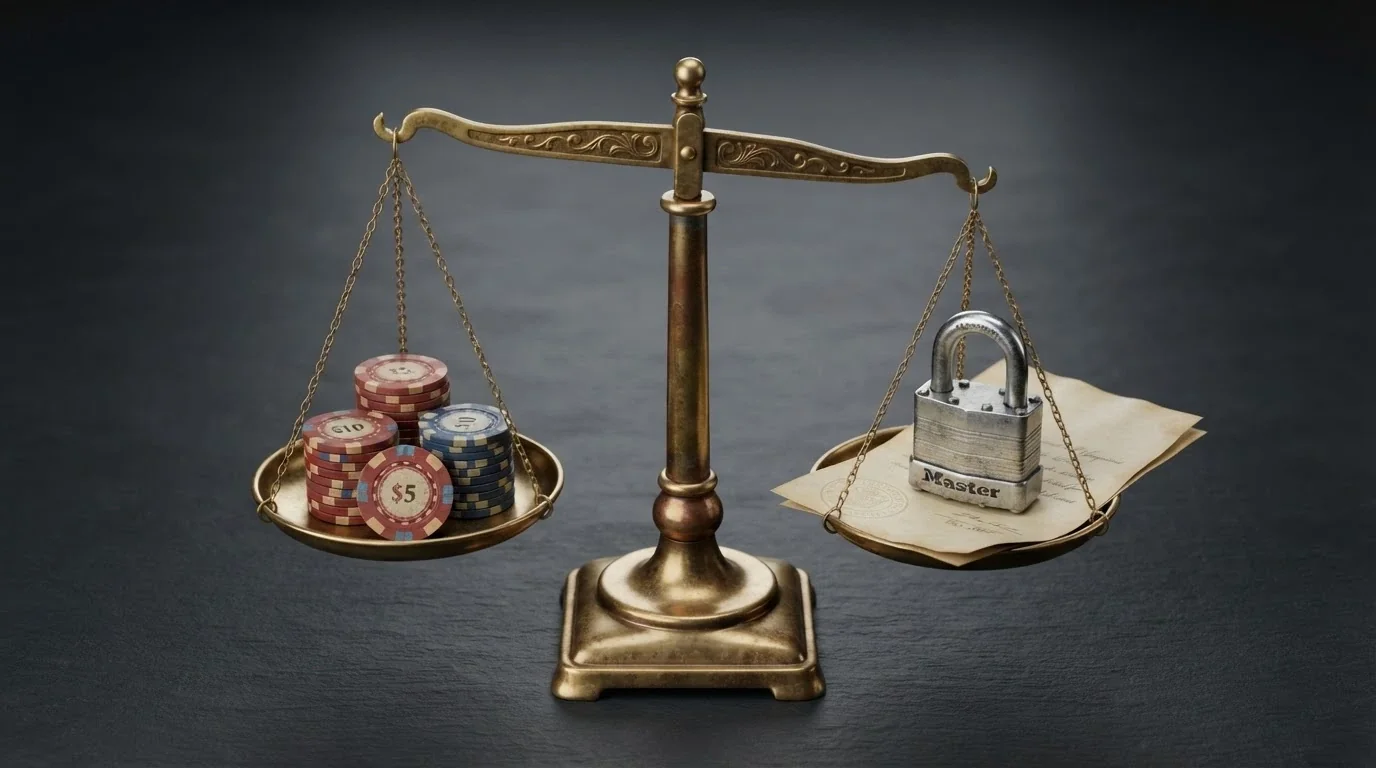 An old-fashioned balance scale with casino chips on one side and a padlock with an ACMA-branded document on the other, the padlock side slightly lower