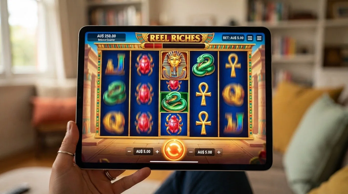 Safari browser on an iPad displaying an HTML5 pokie in full-screen landscape mode with touchspin button visible