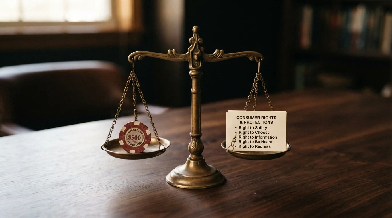 A set of balanced scales with an Australian $20 note on one side and a small printed list of consumer rights on the other