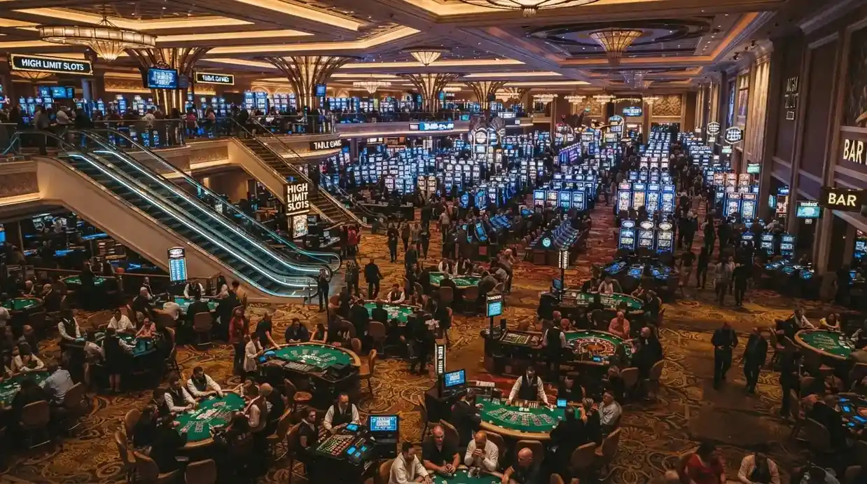 Wide interior shot of the gaming floor across multiple levels, showing table games and gaming machines under ambient lighting