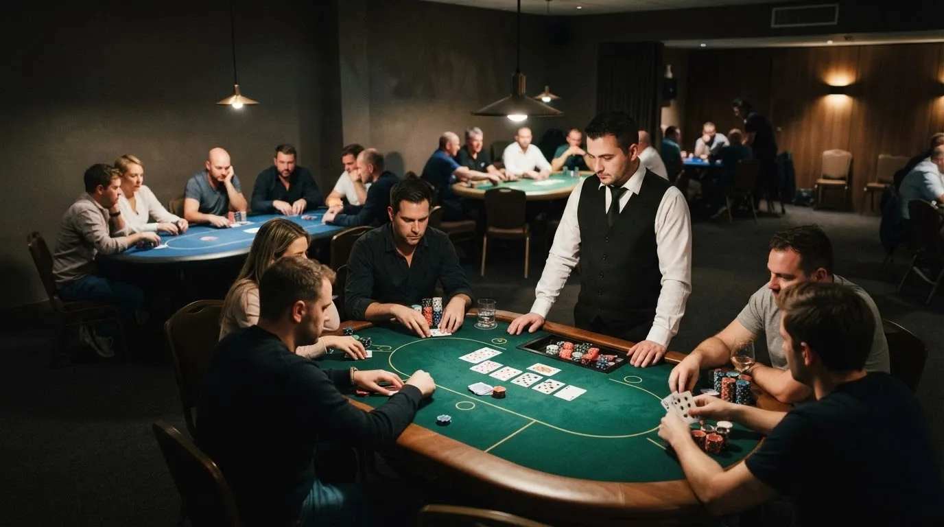 The dedicated poker room with multiple tables in play, players seated, dealer at each table