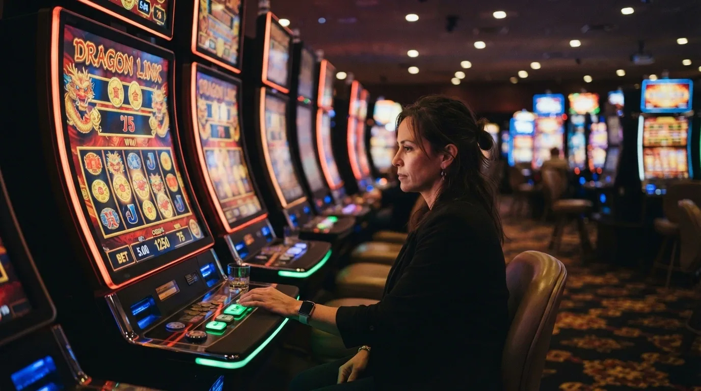 Row of gaming machines with illuminated screens, a player at one machine, showing the density of the pokies floor