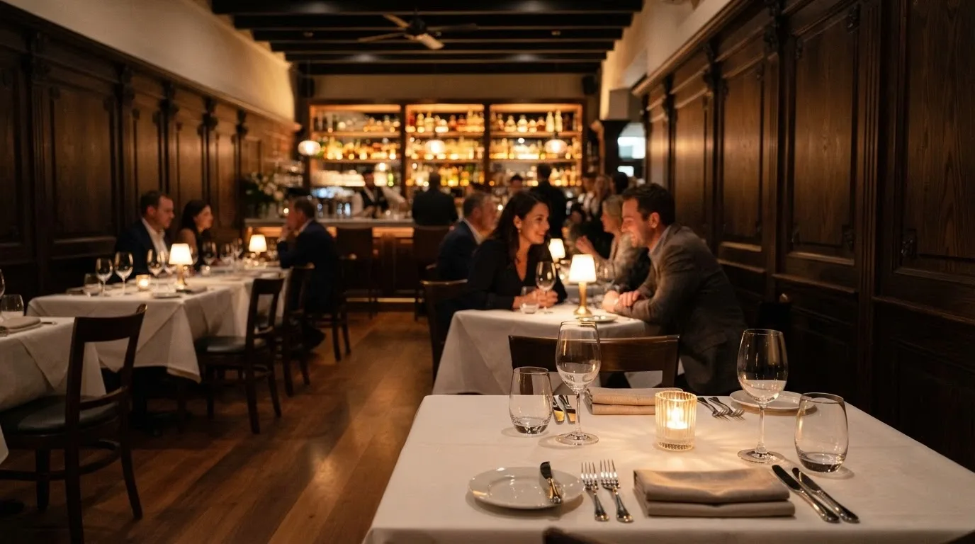 Interior of one of the casino's signature restaurants, tables set and ambient lighting, showing the dining atmosphere