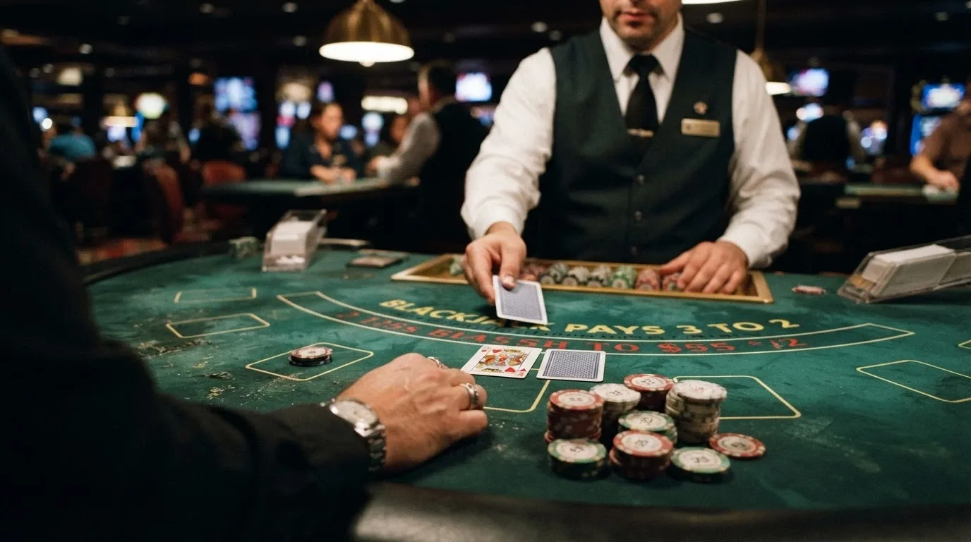 Close-up of a blackjack or roulette table in play, dealer and players in frame, felt and chips visible