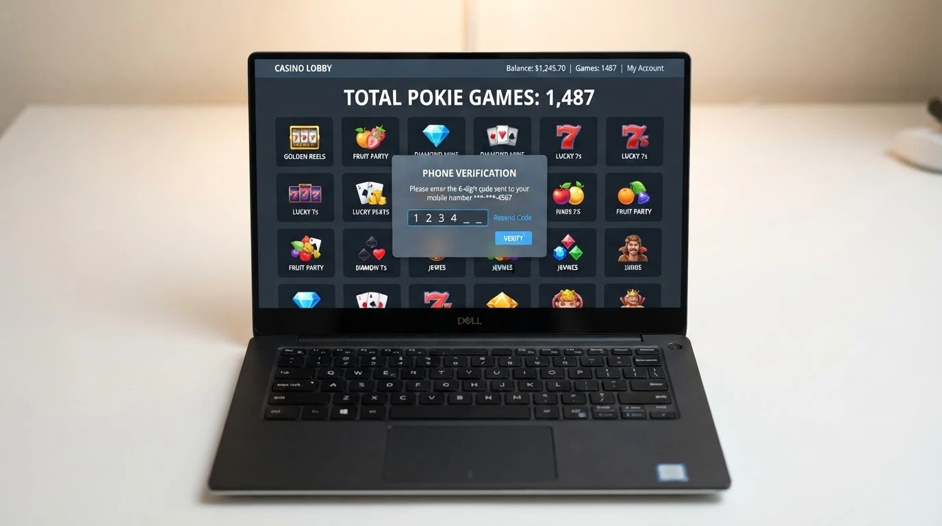A casino lobby interface showing rows of pokie thumbnails with a “10,400+ Games” counter and a phone-verification prompt overlay