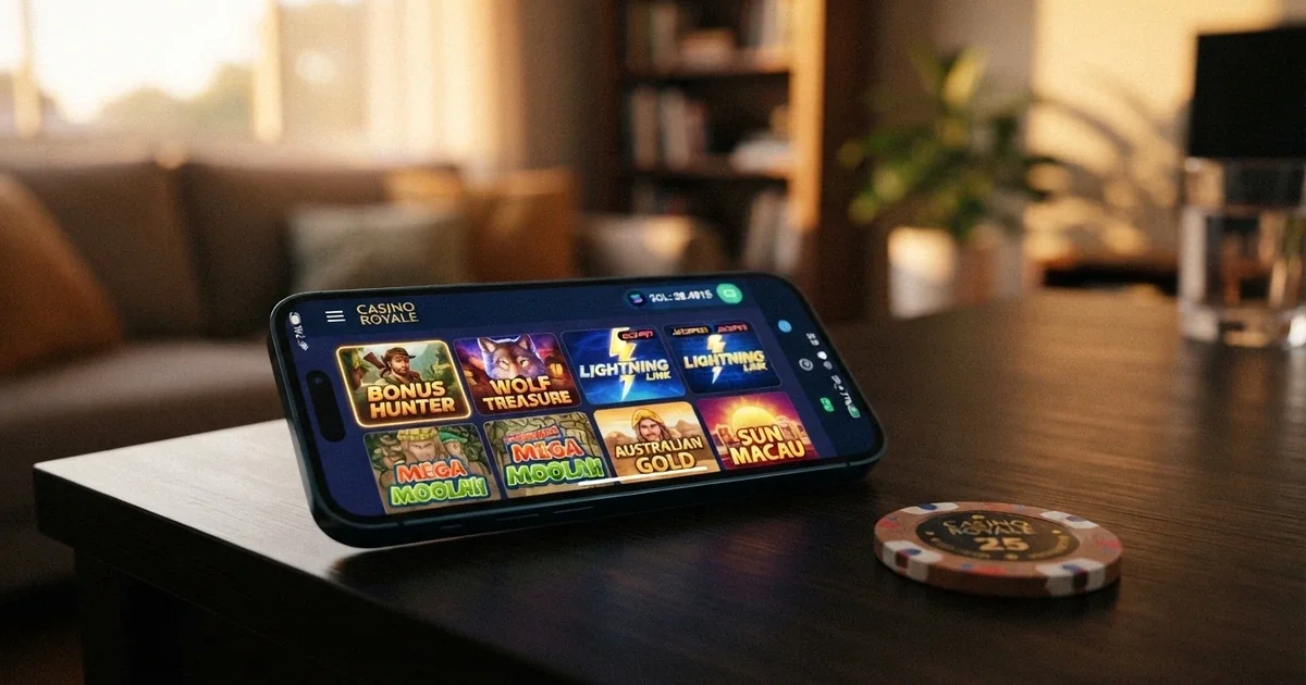 A digital illustration of a Solana blockchain casino interface showing a game lobby with SOL balances, crypto wallet connection prompts and colourful slot thumbnails