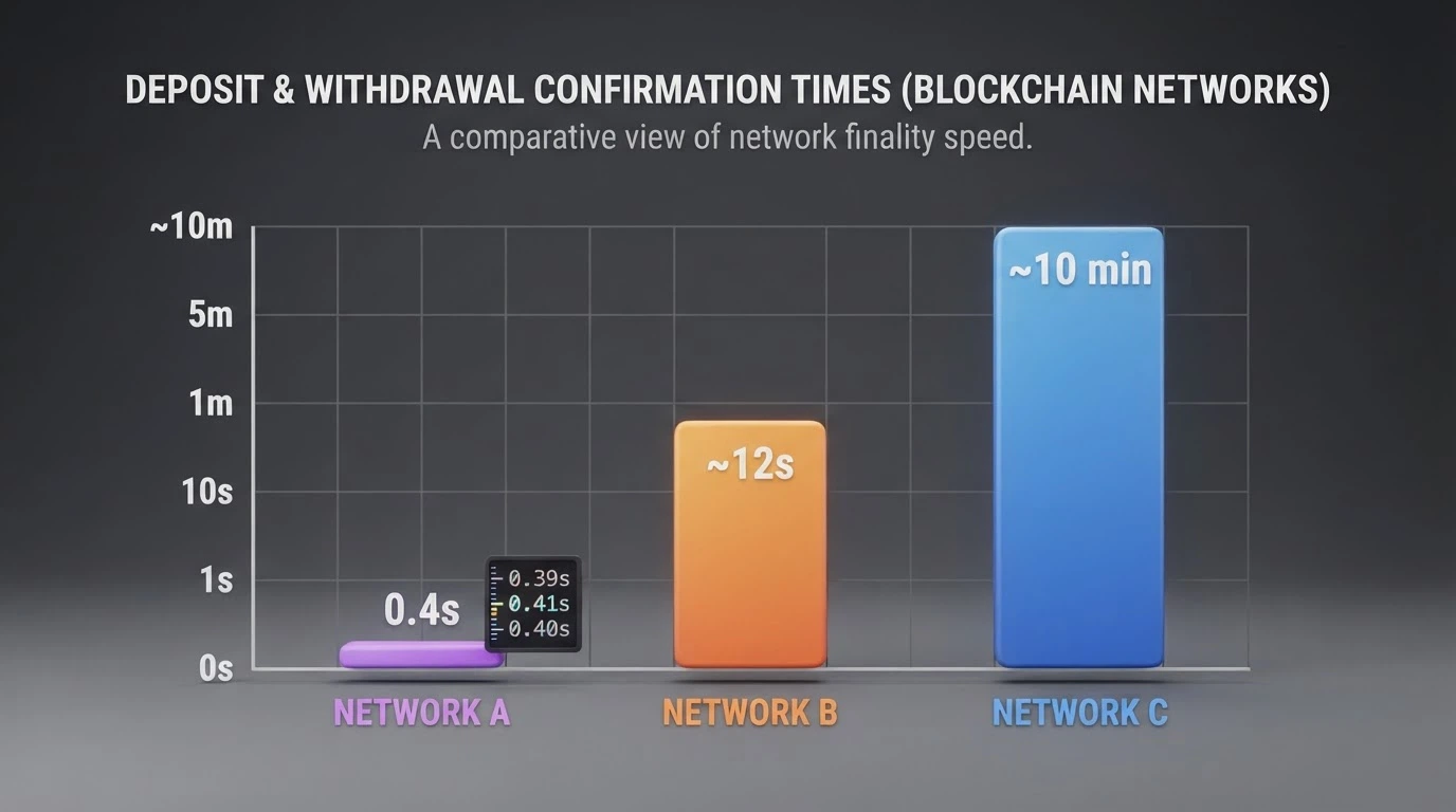 A bar chart comparing deposit and withdrawal speeds across Solana, Bitcoin and Ethereum networks, with real-time confirmation counters