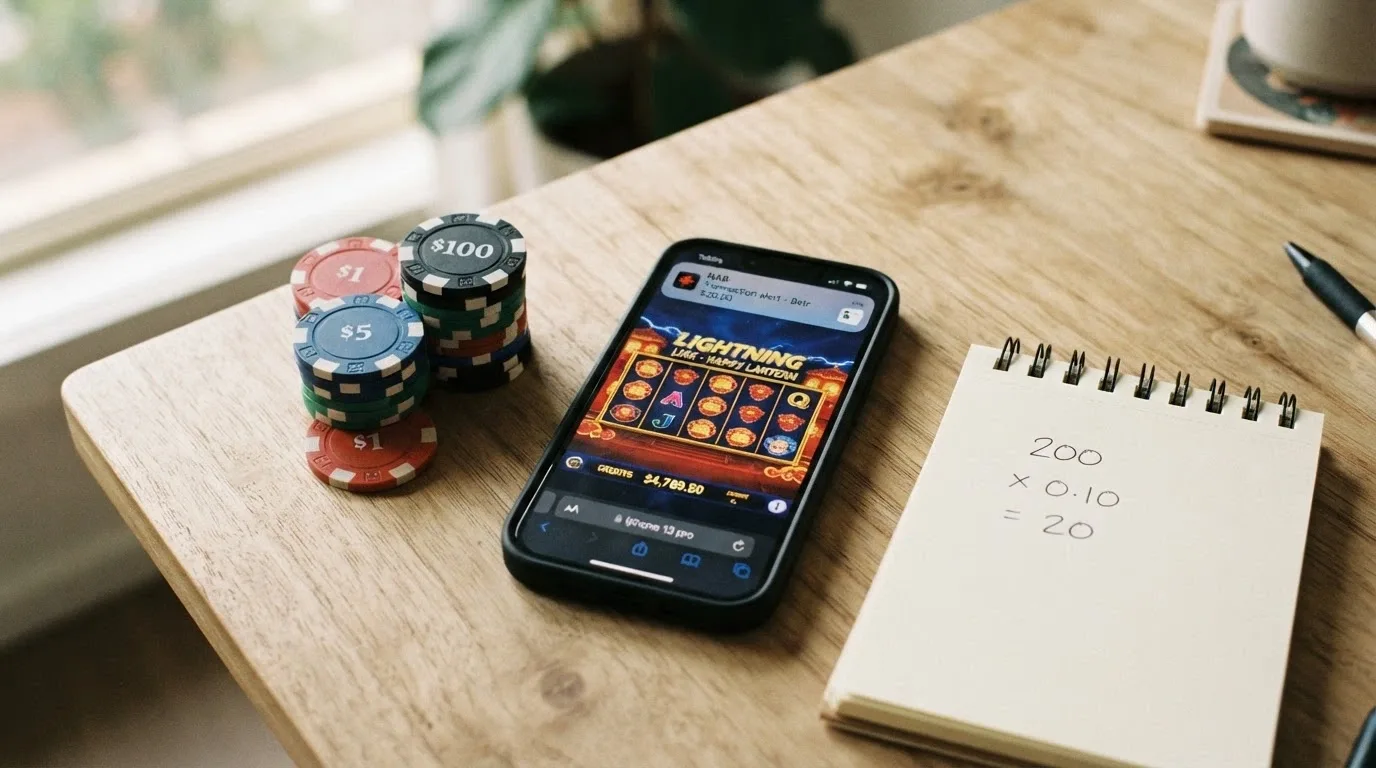 Ten-cent coins stacked beside a pokie screen displaying a 200 free spins notification, with a calculator showing 200 × 0.10 = 20