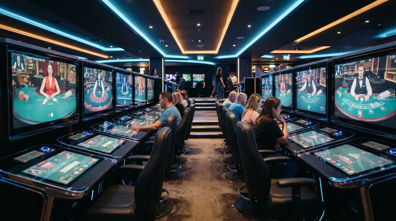 Row of digital gaming terminals with live dealer feeds on screens, players seated at the 50-seat stadium