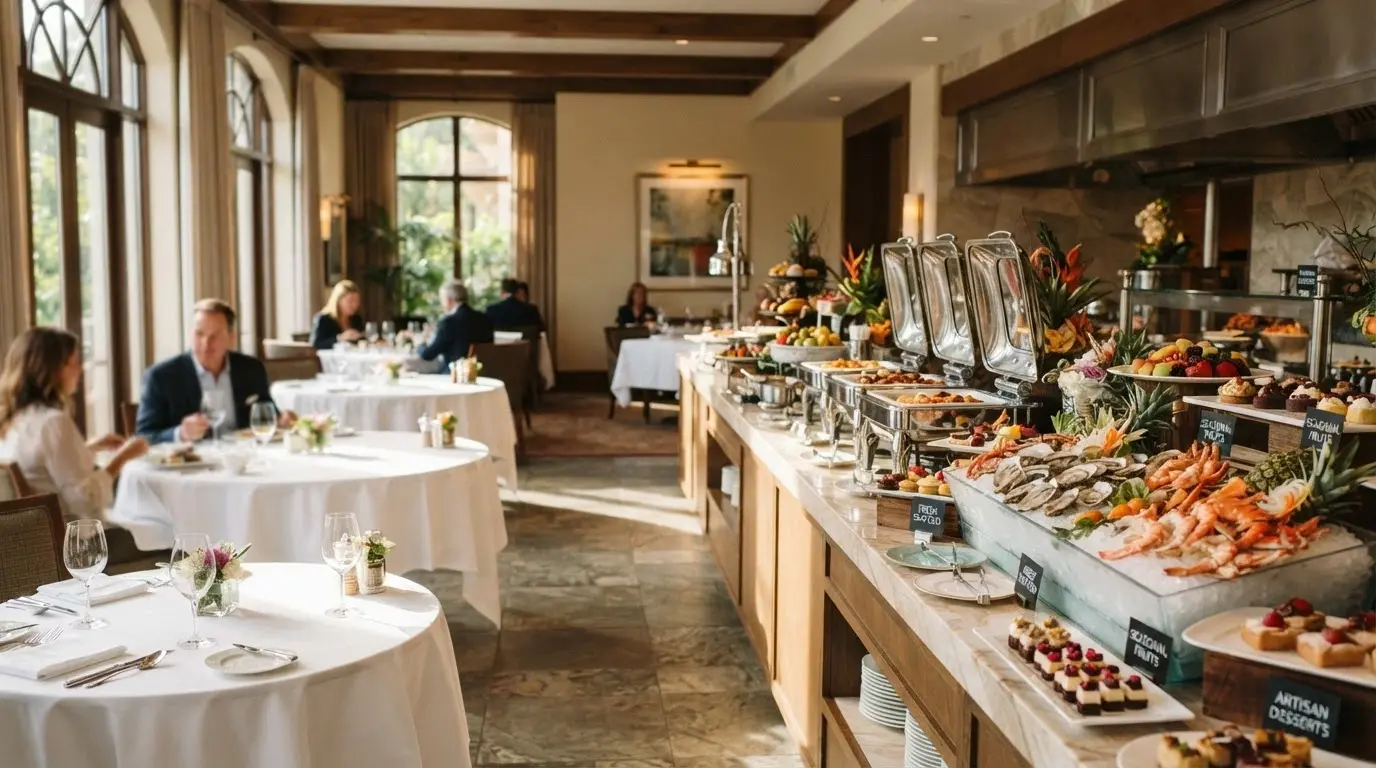A bright restaurant interior at The Star Brisbane with buffet stations and plated seafood